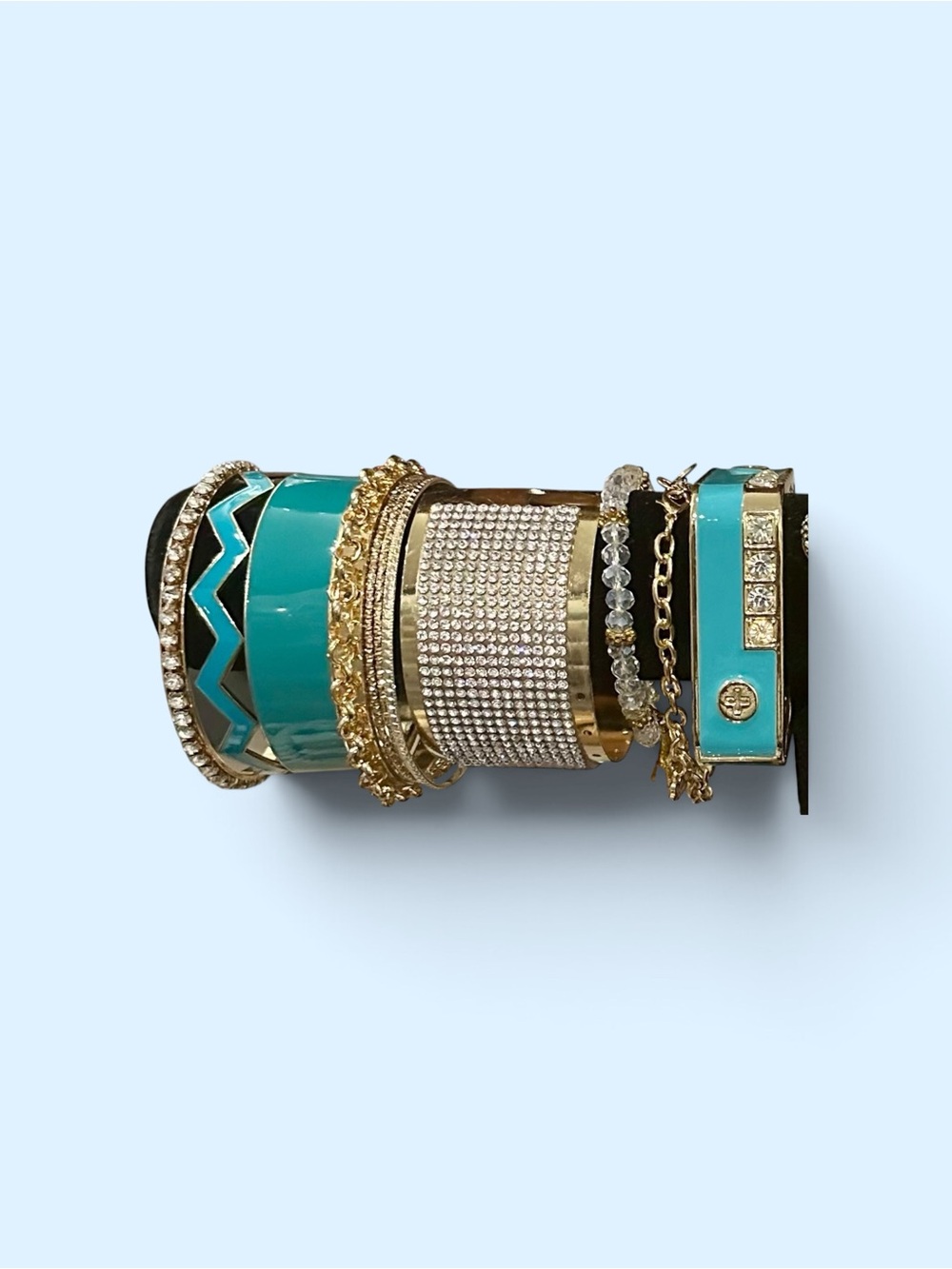 Turquoise Gold Bangle Stack Bracelet Set Rhinestone Enamel Boho Statement - Picture 4 of 7